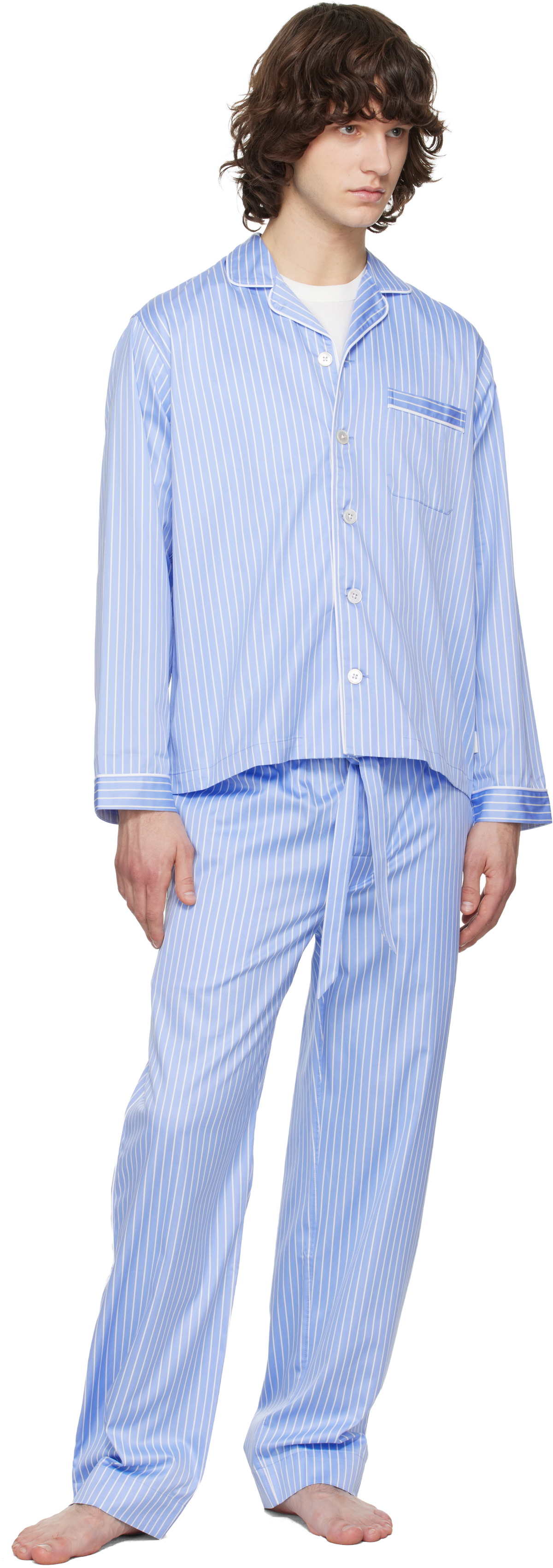 Tekla Blue Sateen Long-Sleeved Pyjama Shirt