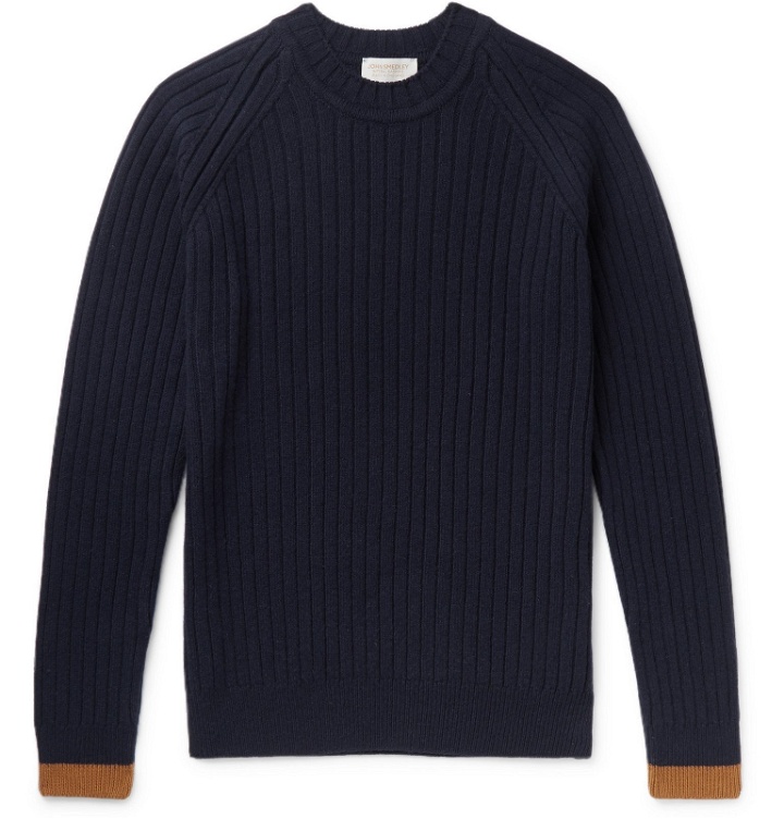 Photo: John Smedley - Ezra Contrast-Tipped Ribbed Merino Wool and Cashmere-Blend Sweater - Blue