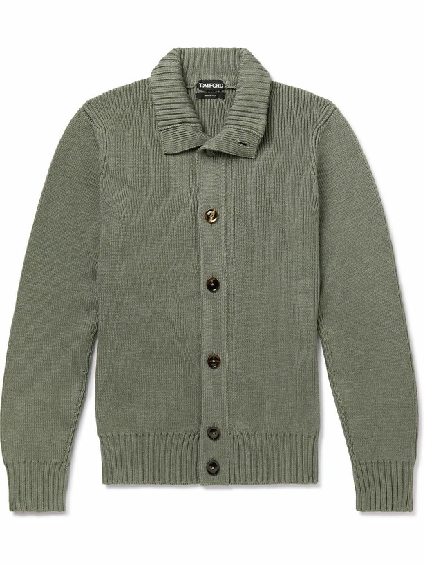 Photo: TOM FORD - Ribbed Wool and Silk-Blend Cardigan - Green