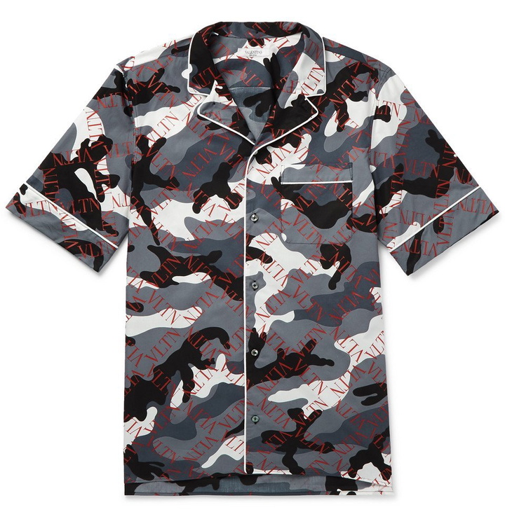 Photo: Valentino - Camp-Collar Piped Printed Cotton-Poplin Shirt - Gray