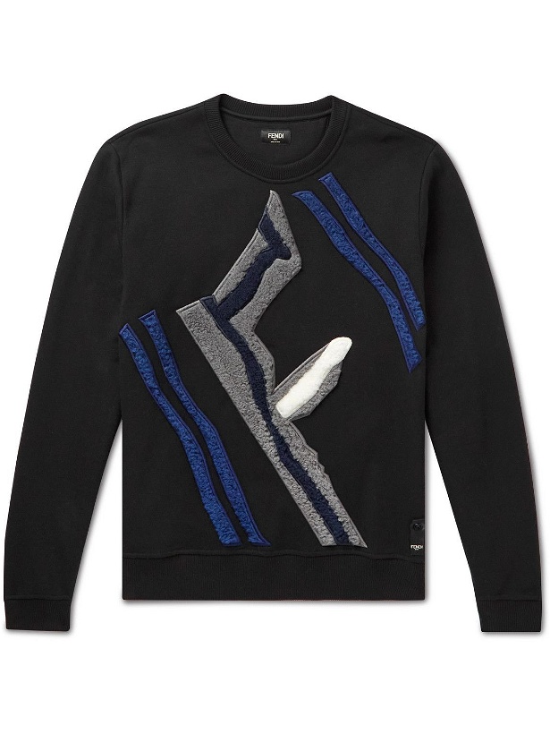 Photo: Fendi - FF Teddy Logo-Embroidered Fleece-Trimmed Cotton-Jersey Sweatshirt - Black