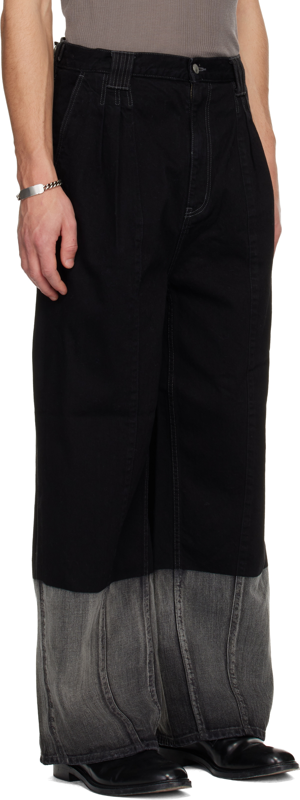 YOKE Black Laser Processed Wide-Leg Buggy Jeans