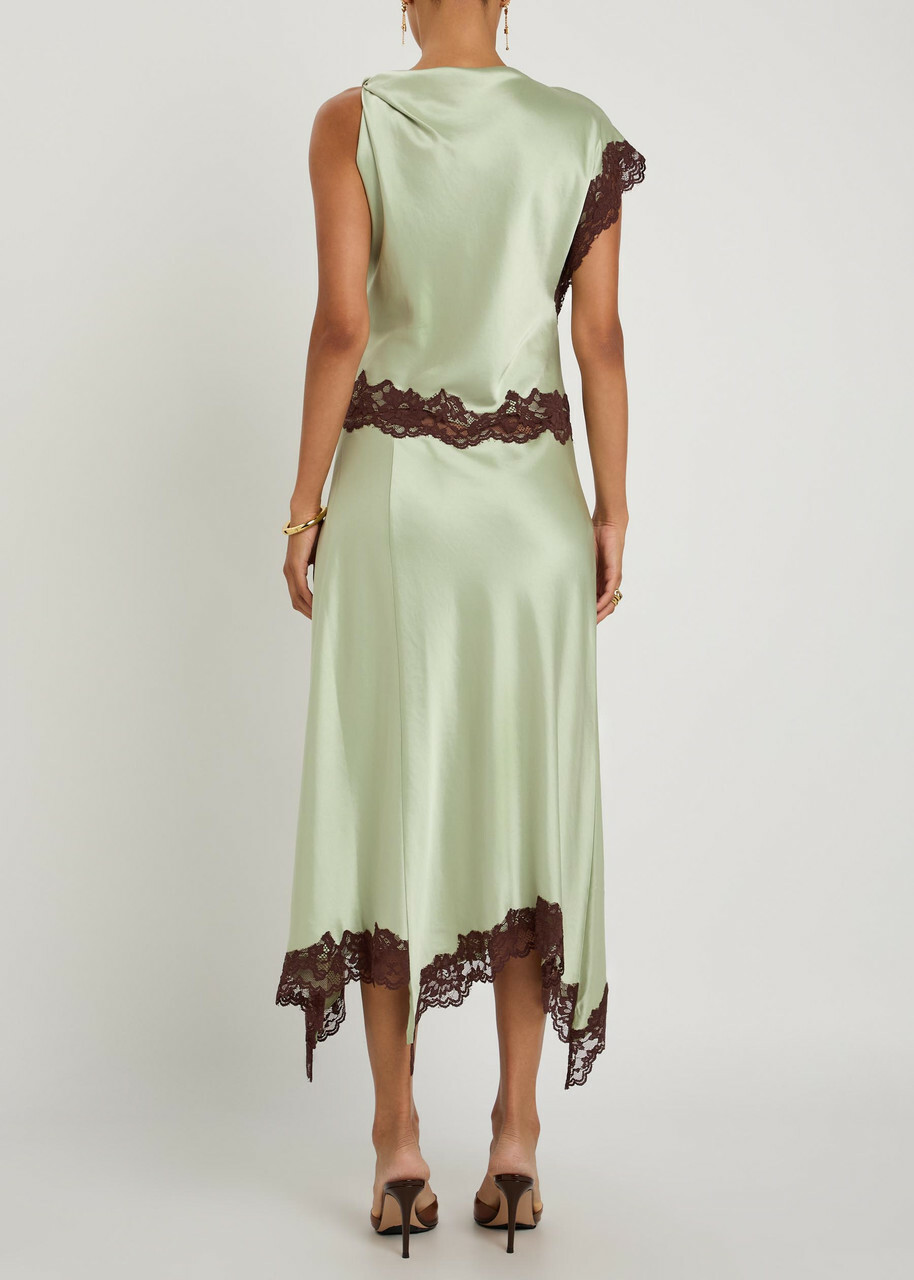 DE LA Vali Adriana Asymmetric Satin Midi Dress Light Green