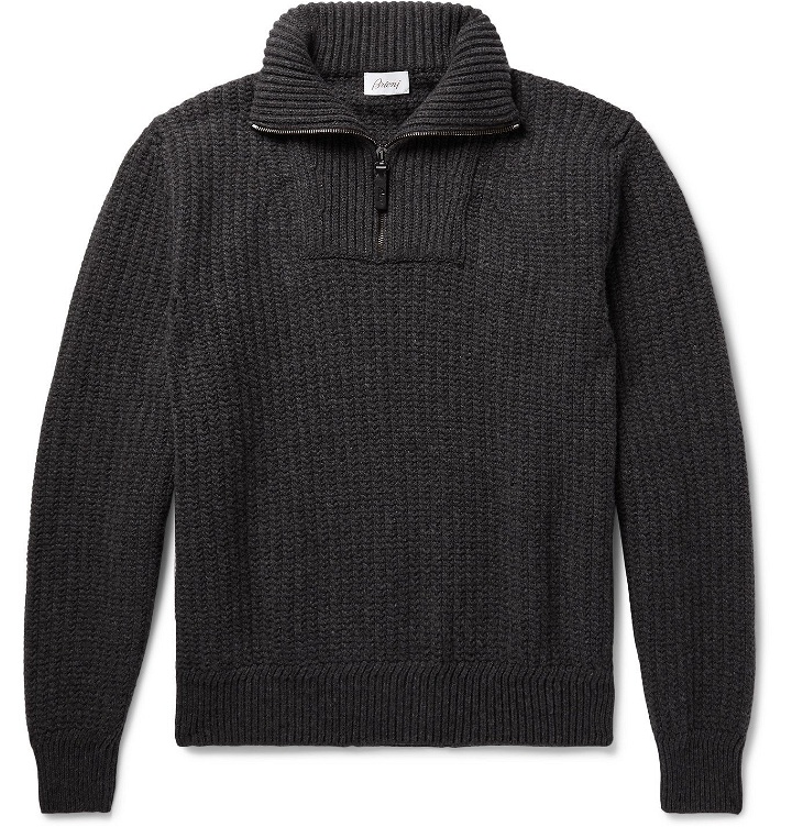 Photo: Brioni - Ribbed Wool and Cashmere-Blend Half-Zip Sweater - Gray