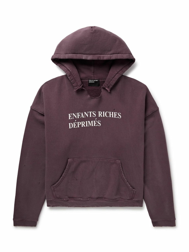 Photo: Enfants Riches Déprimés - Distressed Logo-Print Cotton-Jersey Hoodie - Purple