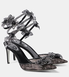 Rene Caovilla Floriane 80 embellished lace and leather pumps