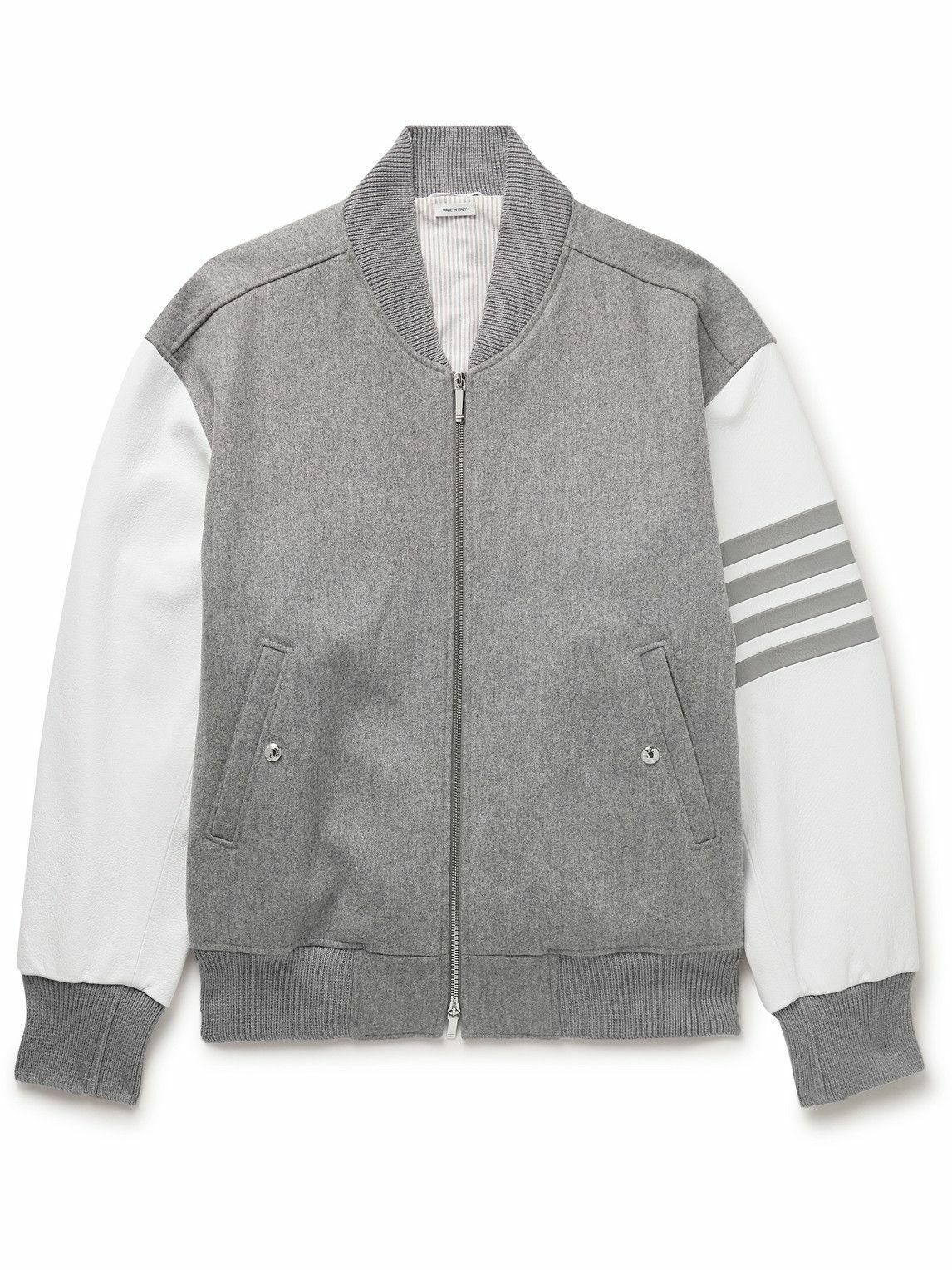 Thom Browne - Oversized Striped Virgin Wool and Leather Bomber Jacket ...