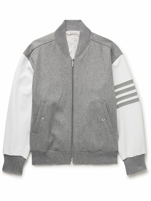 Photo: Thom Browne - Oversized Striped Virgin Wool and Leather Bomber Jacket - Gray