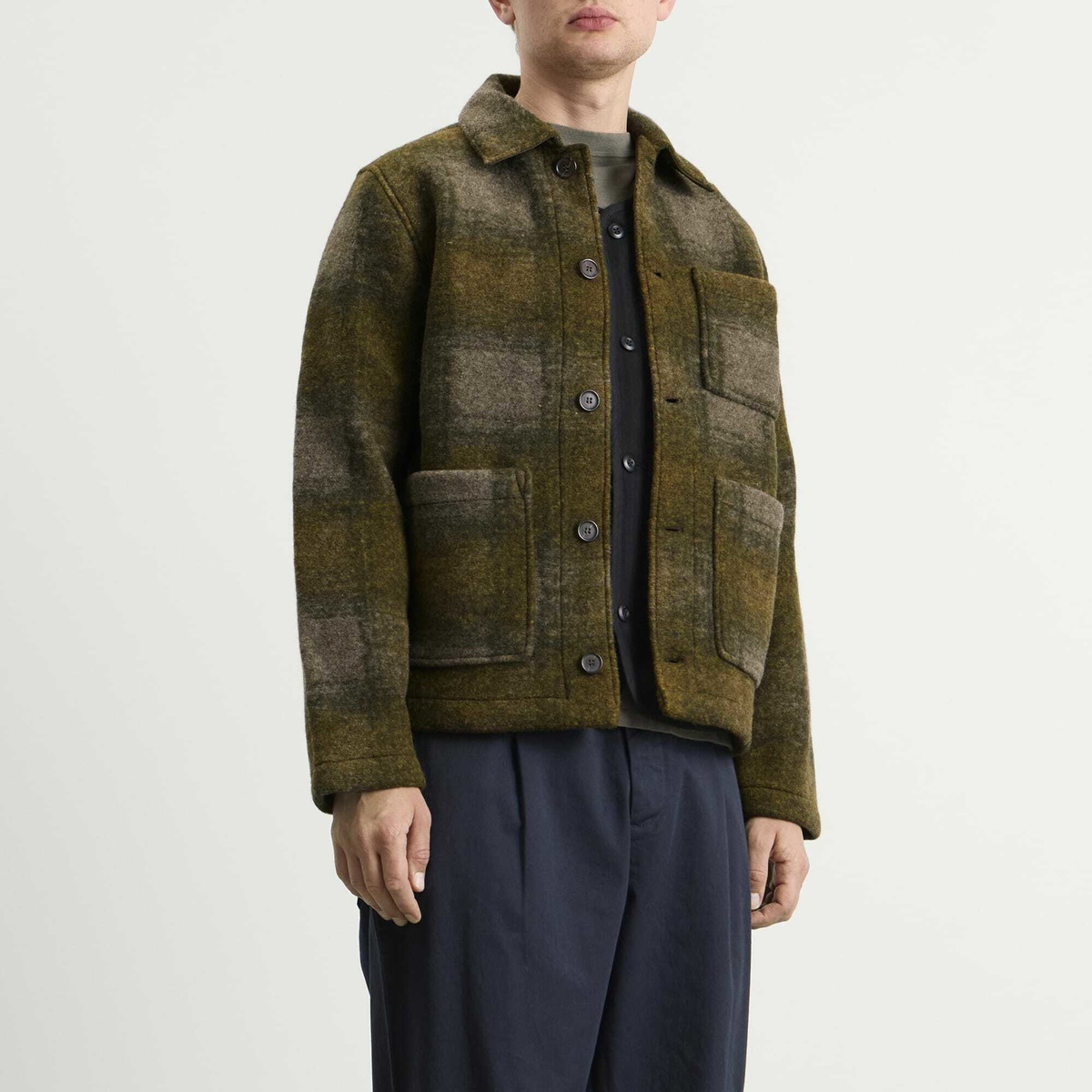 Universal Works Men's Techno Melton Check Tag Jacket in Olive