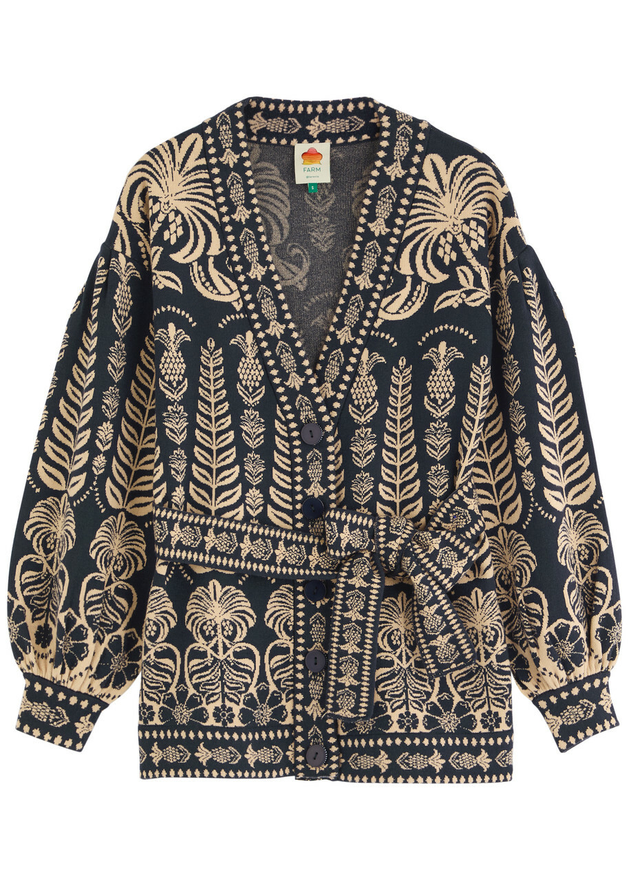 Farm Rio Anika Patterned Belted Knitted Cardigan Dark Blue Farm Rio