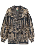 Farm Rio Anika Patterned Belted Knitted Cardigan Dark Blue