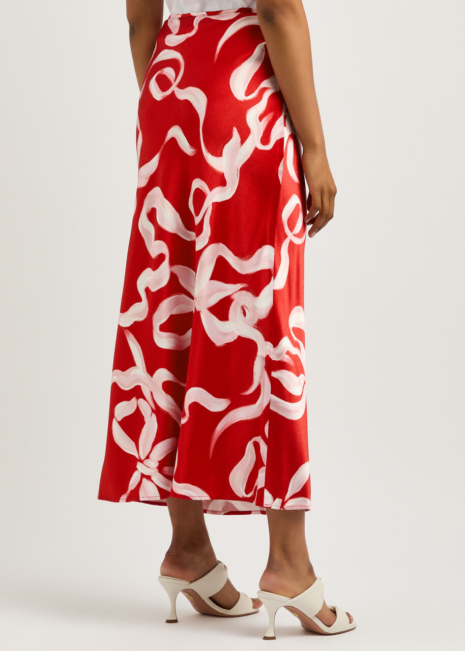 Kitri Layla Printed Satin Maxi Skirt Red