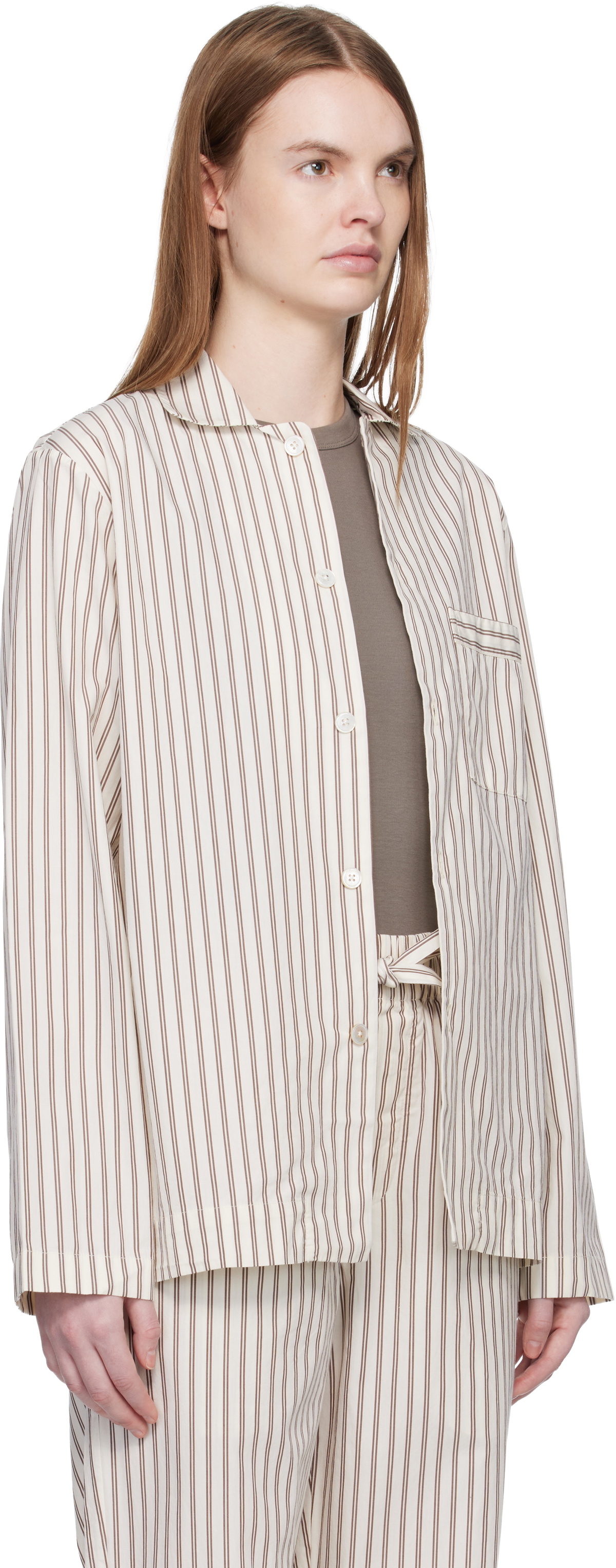Tekla Off-White & Brown Poplin Long-Sleeved Pyjama Shirt