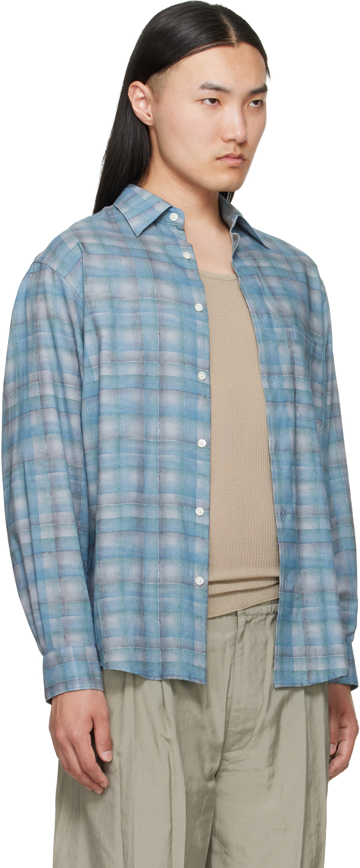 YOKE Blue Printed Plaid Cotton Lawn Shirt