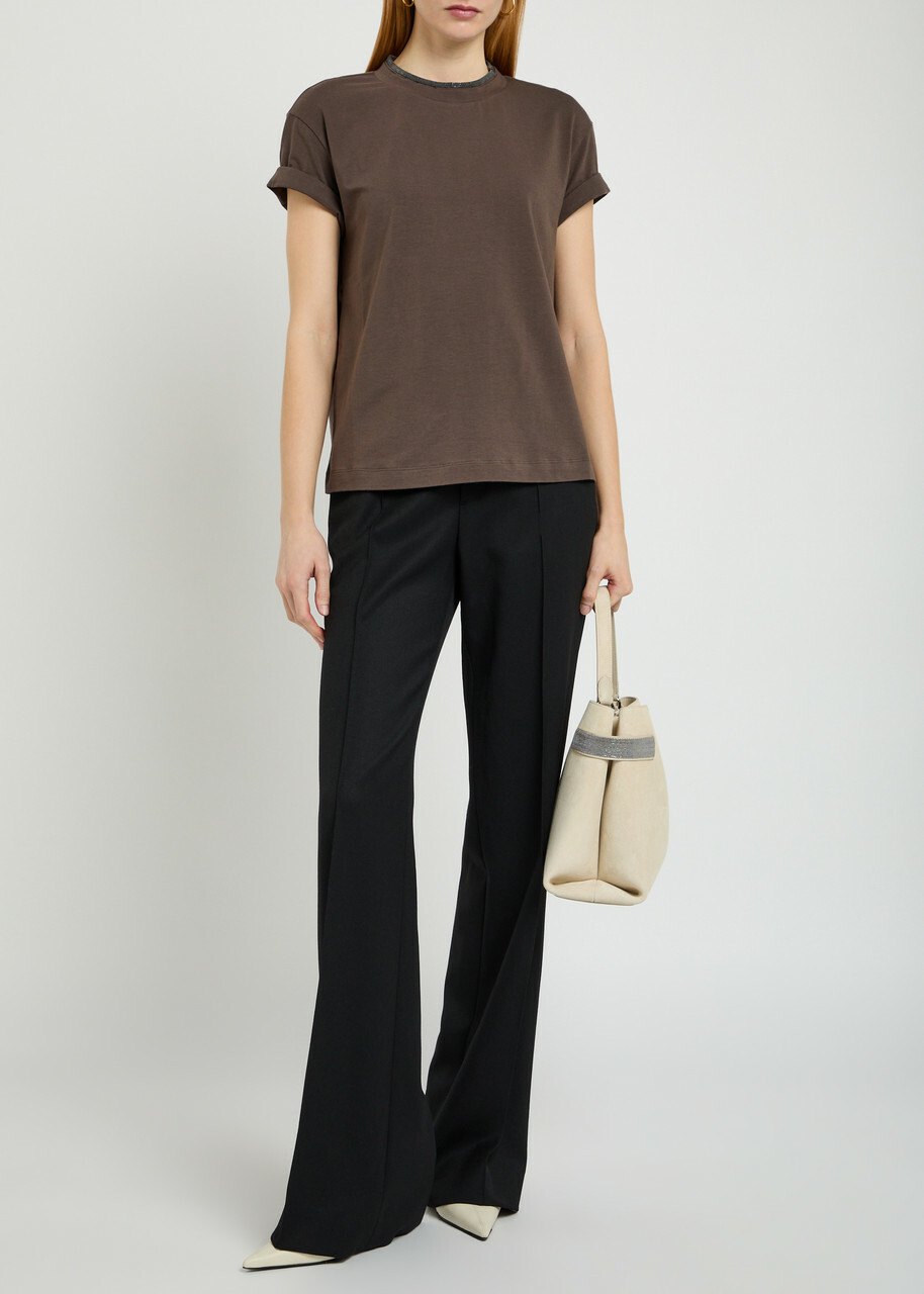 Brunello Cucinelli Crystal-embellished Stretch-cotton T-shirt Dark Brown