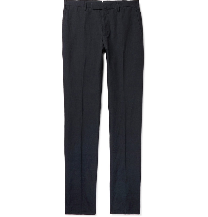 Photo: Incotex - Slim-Fit Cotton and Linen-Blend Trousers - Blue