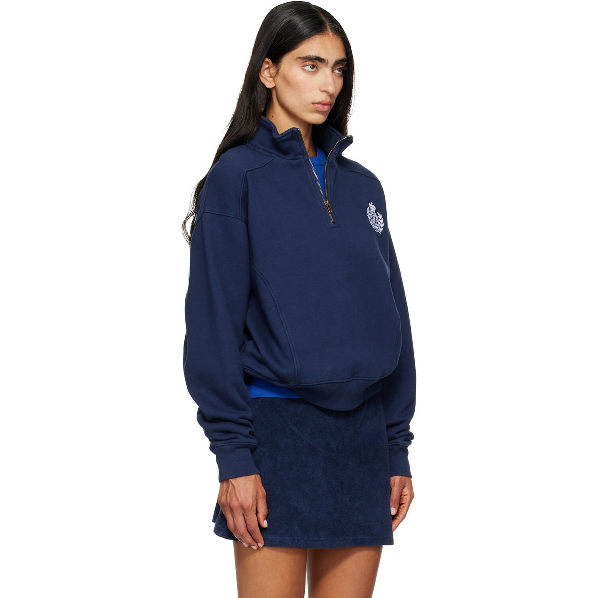 Sporty & Rich Navy NY Crest Embroidered Quarter Zip Sweatshirt