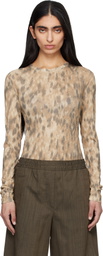 GANNI Beige Printed Marl Mesh Long-Sleeve T-shirt