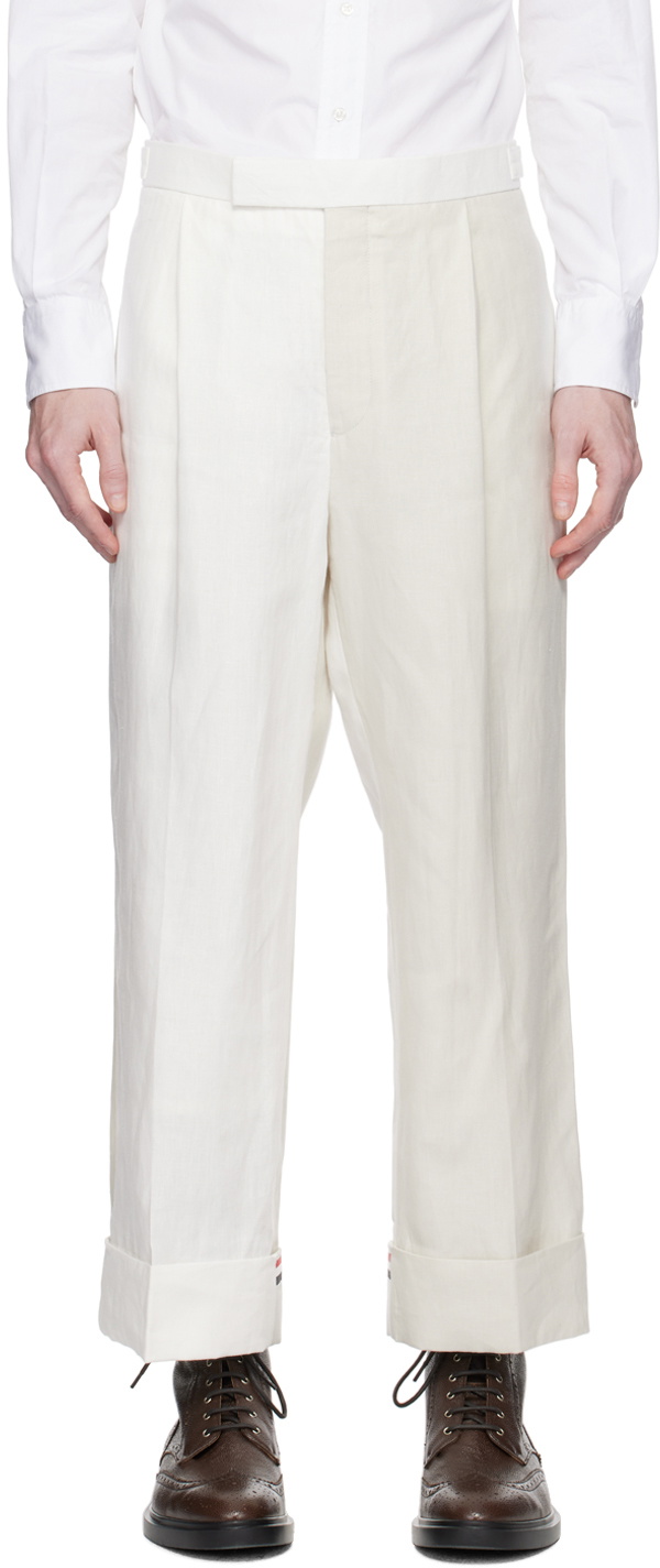 White u0026 Beige Side Tab Trousers by Thom Browne on Sale