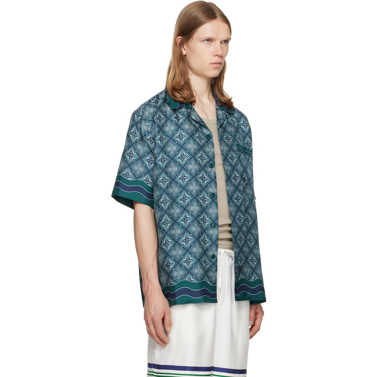 Casablanca Green Radiating Monogram Short Sleeve Silk Shirt
