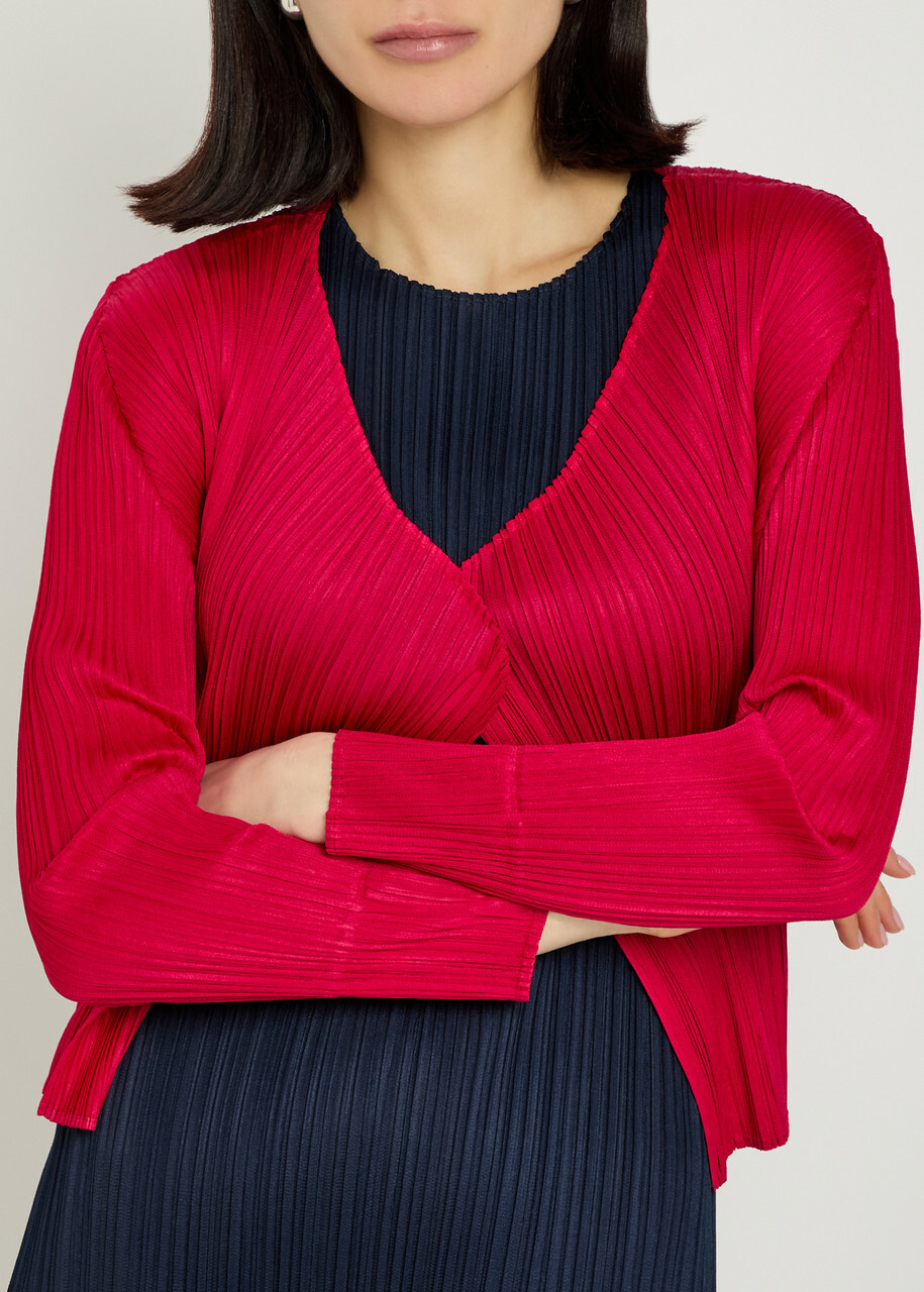 Pleats Please Issey Miyake Pleated Woven Cardigan Red