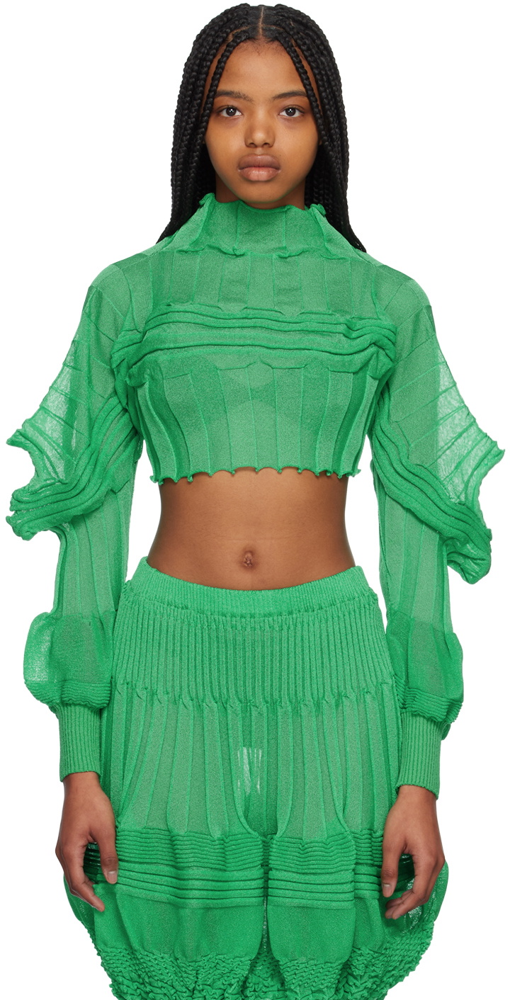 MEby ISSEY MIYAKE ダークグリーン リブ編み 半袖トップス Issey Miyake Green Assemblage Turtleneck Issey Miyake Men