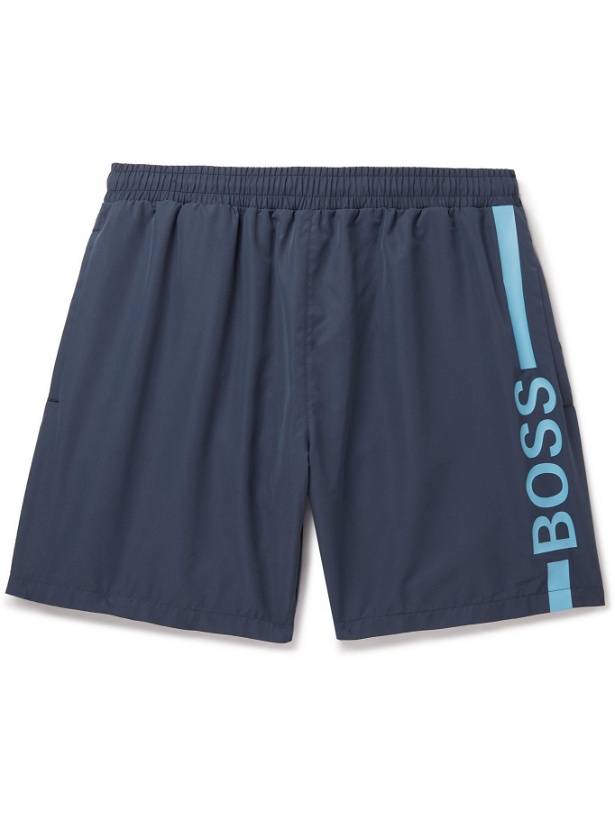 Photo: HUGO BOSS - Dolphin Mid-Length Logo-Print Recycled Swim Shorts - Blue