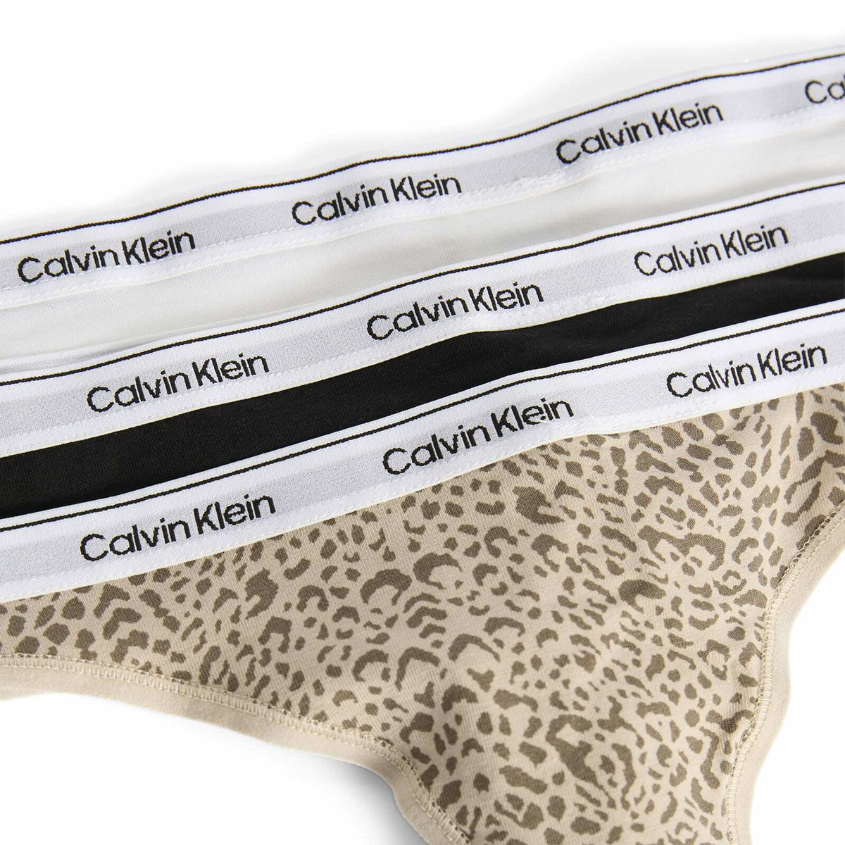 Calvin Klein Women's Icon Thong - 3 Pack in Black/White/Animal Mirror Oxford Tan
