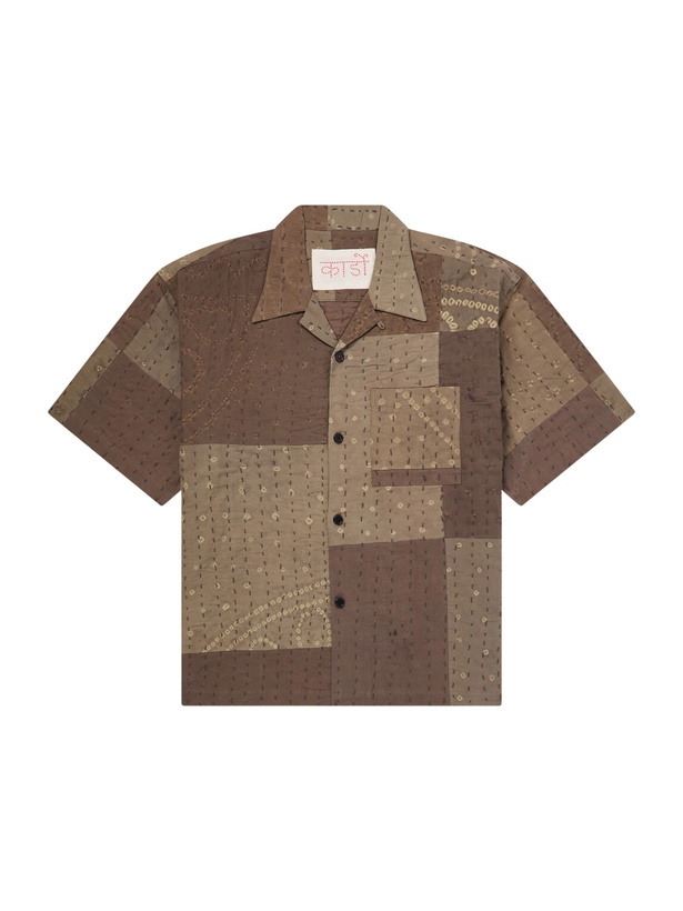 Photo: Kardo - Rohit Bandhani Convertible-Collar Patchwork Embroidered Cotton Shirt - Brown