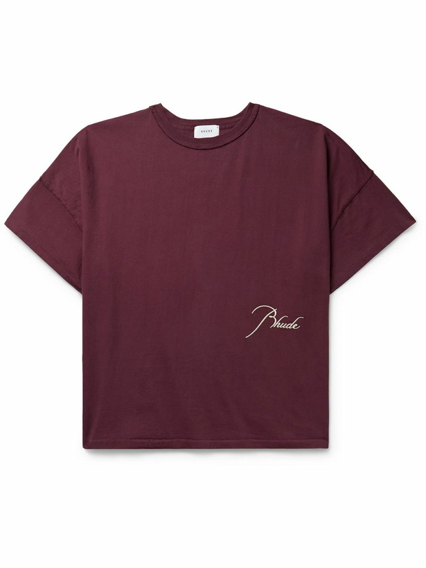 Photo: Rhude - Logo-Embroidered Cotton-Jersey T-Shirt - Burgundy