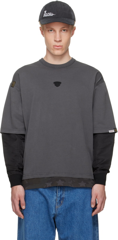 Photo: AAPE by A Bathing Ape Gray Moonface Logo Long Sleeve T-shirt