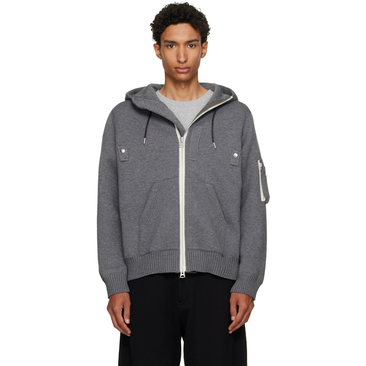 sacai Gray Cotton Cashmere Knit Hoodie