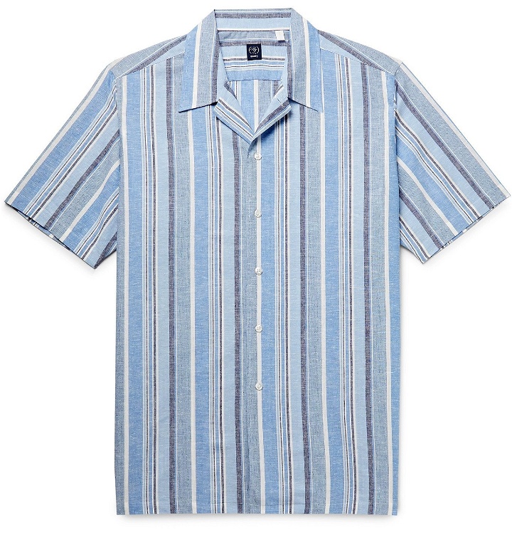 Photo: Beams F - Camp-Collar Striped Cotton and Linen-Blend Shirt - Blue