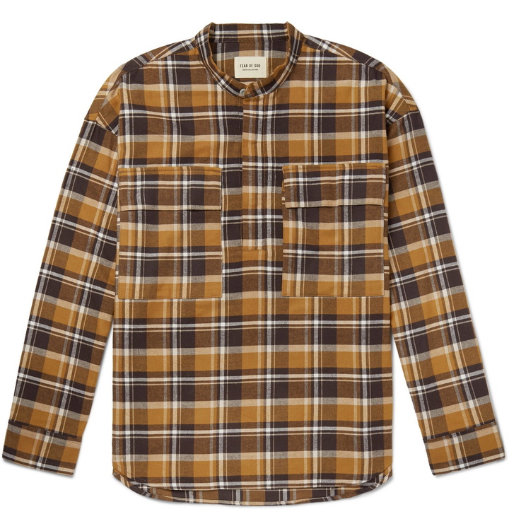 Photo: Fear of God - Grandad-Collar Checked Cotton-Flannel Half-Placket Shirt - Brown