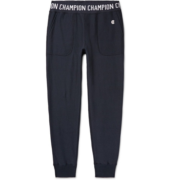 Photo: Todd Snyder Champion - Slim-Fit Tapered Logo-Jacquard Loopback Cotton-Jersey Sweatpants - Midnight blue
