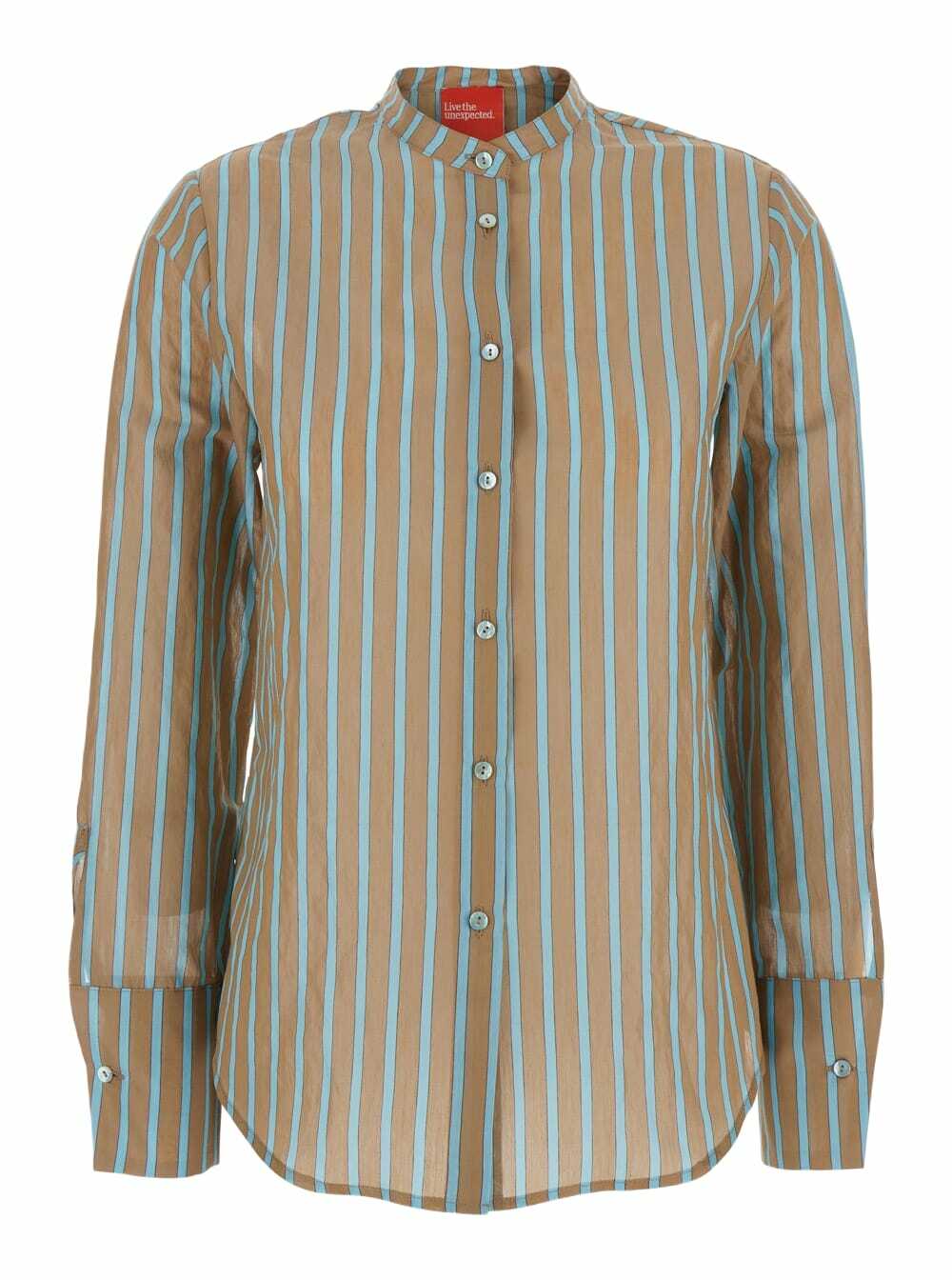 Merci Brown Shirt With Mandarin Collar And All-over Striped Motif In Cotton Stretch Woman