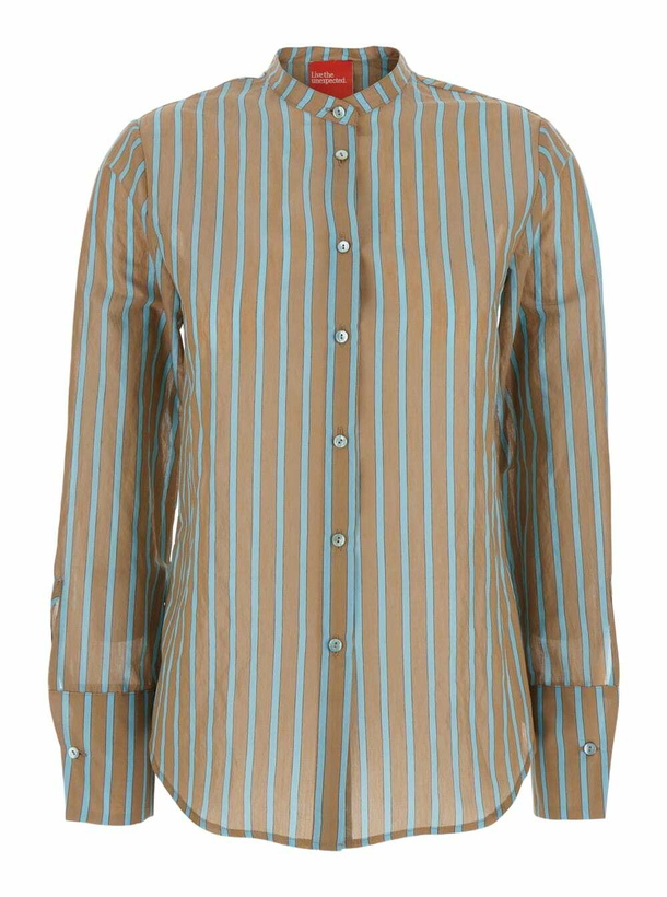 Photo: Merci Brown Shirt With Mandarin Collar And All-over Striped Motif In Cotton Stretch Woman