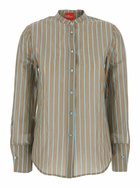 Merci Brown Shirt With Mandarin Collar And All-over Striped Motif In Cotton Stretch Woman