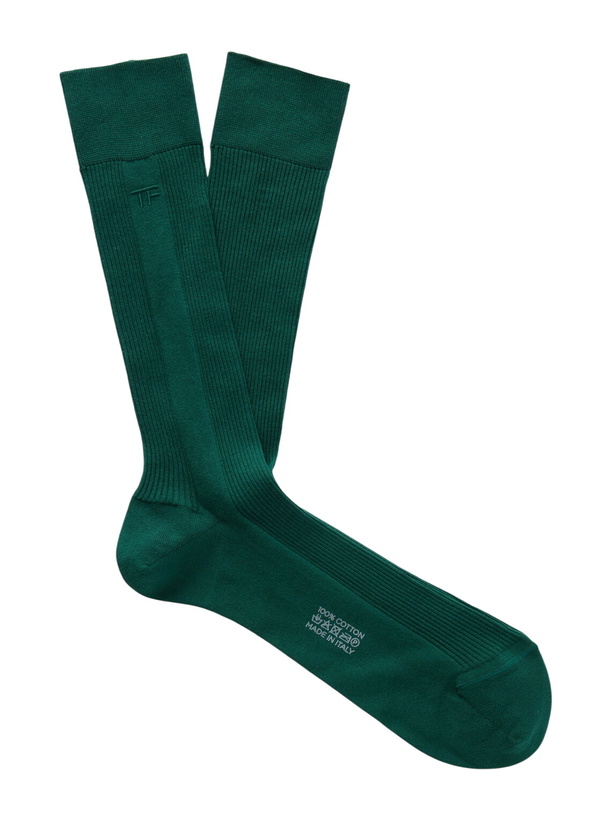 Photo: TOM FORD - Logo-Embroidered Ribbed Cotton Socks - Green