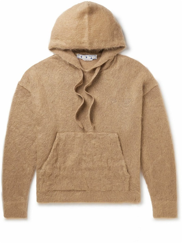 Photo: Off-White - Logo-Embroidered Brushed Mohair-Blend Hoodie - Brown