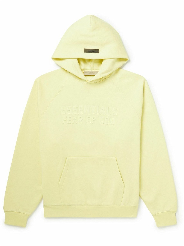 Photo: FEAR OF GOD ESSENTIALS - Logo-Flocked Cotton-Blend Jersey Hoodie - Yellow