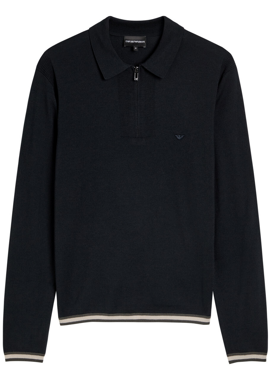 Emporio Armani Half-zip Wool-blend Polo Shirt Navy