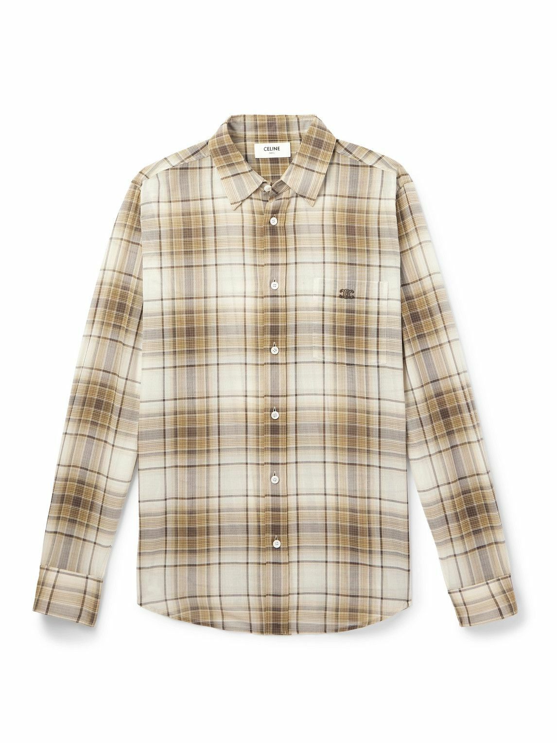 CELINE - Logo-Embroidered Checked Cotton Shirt - Neutrals