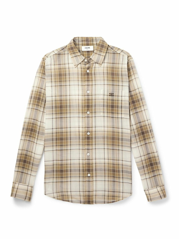Photo: CELINE - Logo-Embroidered Checked Cotton Shirt - Neutrals