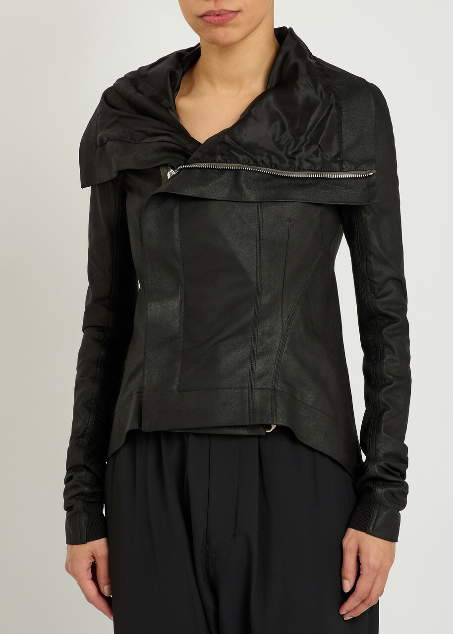 Rick Owens Naska Asymmetric Leather Jacket Black