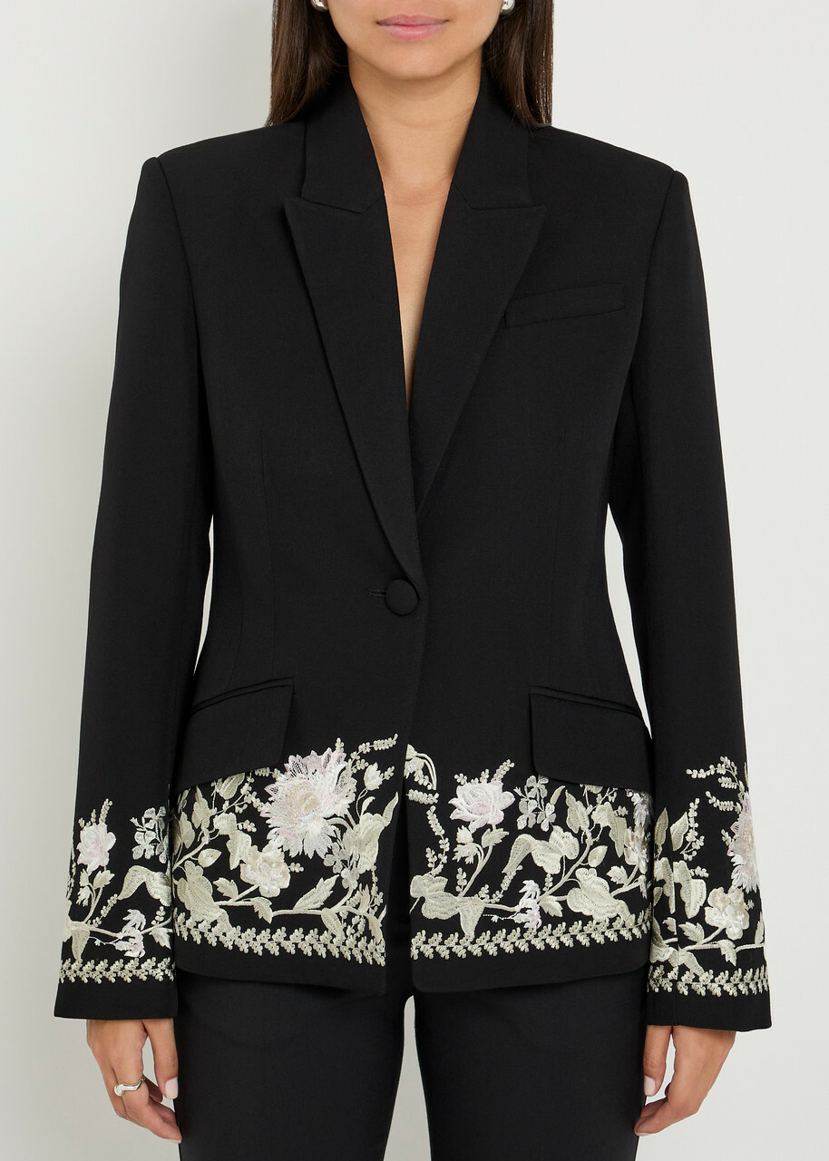 Erdem Floral-embroidered Wool Blazer Black
