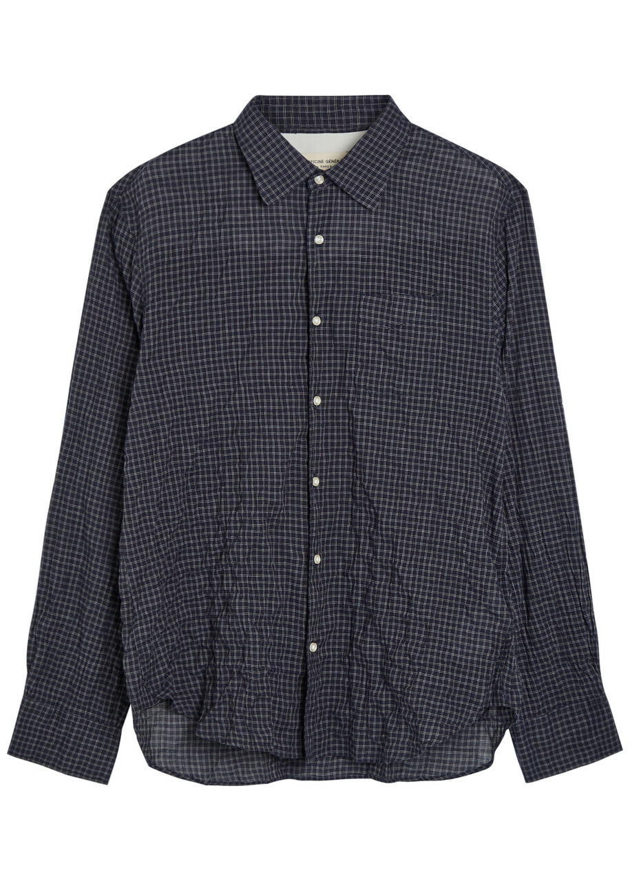 Officine Générale Beniot Checked Crinkled Cotton-blend Shirt Navy