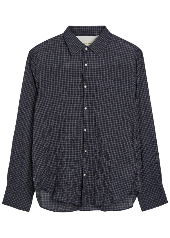 Photo: Officine Générale Beniot Checked Crinkled Cotton-blend Shirt Navy