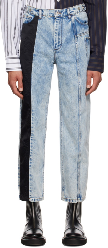 Photo: Feng Chen Wang Blue & Black Phoenix Embroidered Panel Jeans