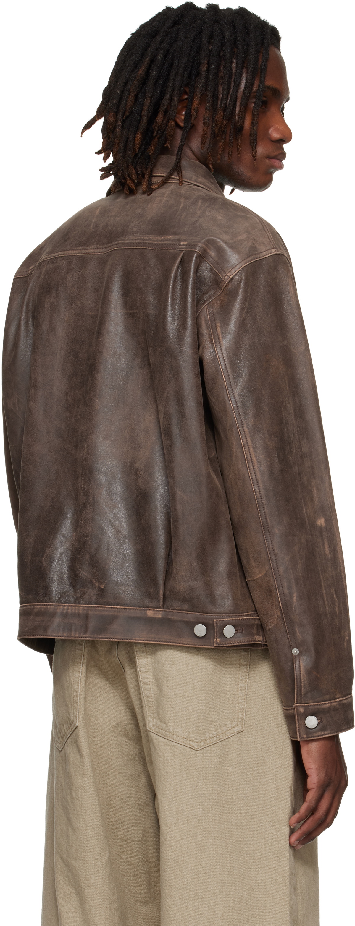 YOKE Brown Cracked Leather Trucker Jacket